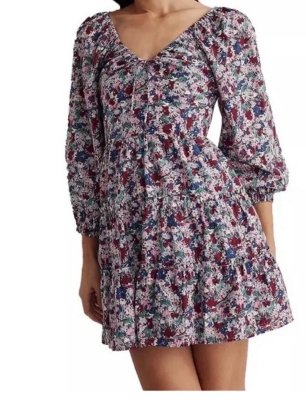 Madewell Analia Floral Tiered Mini Dress Cotton 3/4 Sleeves